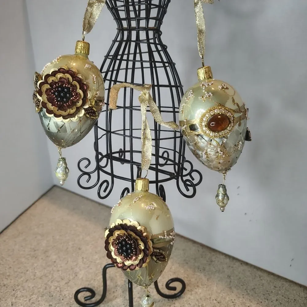 John Toole Elegant Gold and Cream Glass Floral Holiday Hanging Ornaments